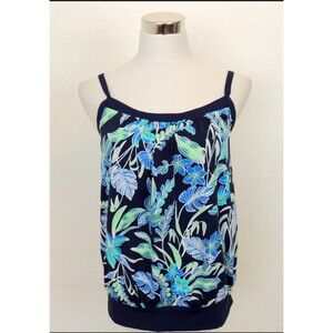 Lands' End Swimsuit Tankini Top Blue Built In Bra Banded Bottom Size 14 Modest